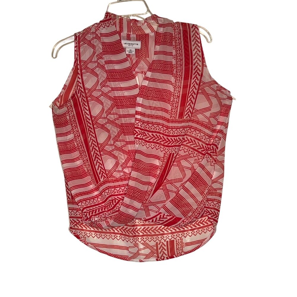 Liz Claiborne Petite PM Red White Sleeveless Printed Wrap Sheer Lightweight